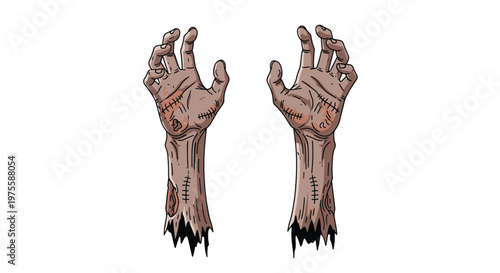 Pair of creepy zombie hands reaching upwards, featuring decaying skin, visible stitches, and ragged sleeves for a horror themed illustration.