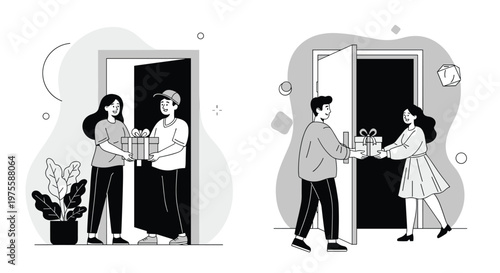 Two-part illustration showing a delivery person giving a gift box to a woman and a man receiving a gift box from a woman at a doorway.
