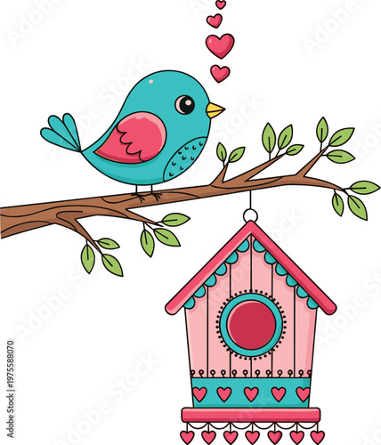Cute bird on branch with birdhouse vector illustration romantic love hearts spring nature cartoon animal design