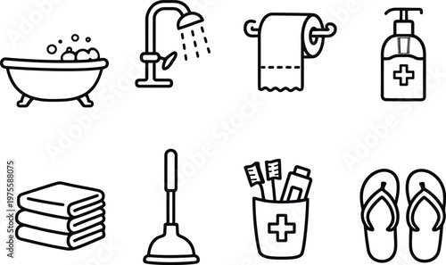 Set of toilet paper roll icons in clean line art style featuring various orientations, holders, sheets, and bathroom essentials
Household hygiene icons set – outline, bathroom essentials and cleaning 