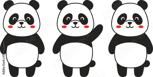 Cute panda cartoon characters vector set with different poses smiling adorable animal illustration isolated on white background