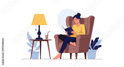 Illustration of a young woman sitting comfortably in a large armchair and reading a book next to a side table with a lamp and a cold drink.