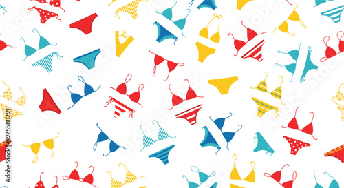 Seamless pattern of colorful bikinis and swimsuits in different styles and patterns like dots and stripes on a plain white background.