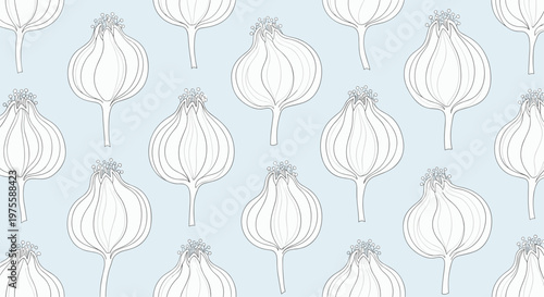 Seamless pattern of stylized poppy seed pods with fine line details on a very light blue background, creating a delicate botanical print.