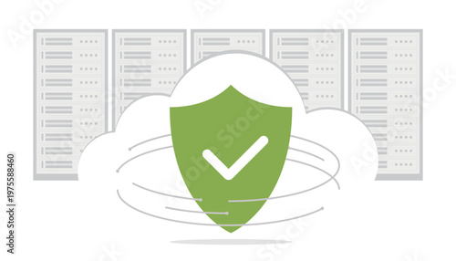 Green Shield with cloud and data center silhouette. Concept of big data storage and cloud computing. Cyber security and high technology.