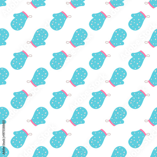 Seamless pattern of blue polka dot mittens on a white background