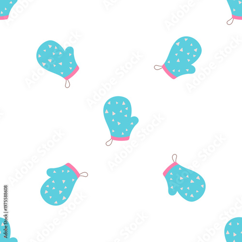 Cute blue mittens with pink trim and white stars pattern seamless, isolated on transparent background