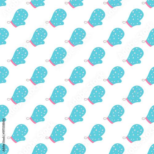 Seamless pattern of blue mittens with white polka dots and pink cuffs on a transparent background