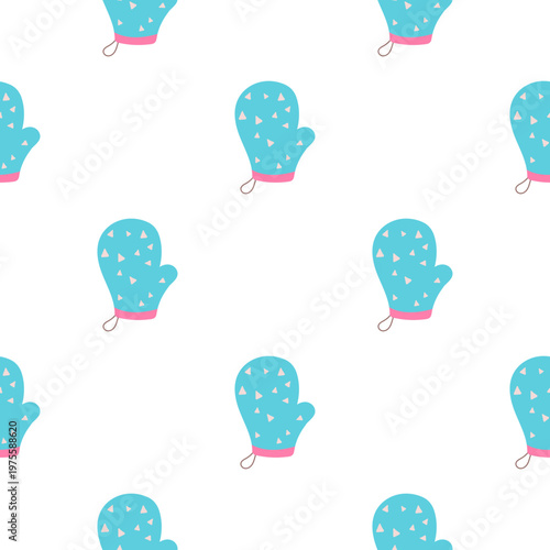Cute blue oven mitt pattern with pink trim and white polka dots isolated on transparent background
