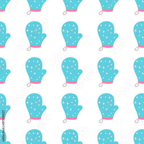 Pattern of blue mittens with pink cuffs and white polka dots on a transparent background