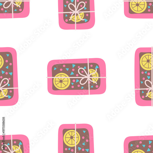 Pattern of decorated gifts with lemon slices and confetti on transparent background