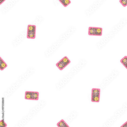 Seamless pattern of isolated pink audio cassette tapes with yellow details on a transparent background