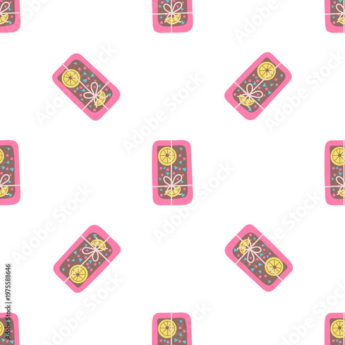 Seamless pattern of chocolate candy treats with pink wrappers isolated on white background