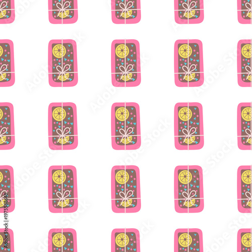 Seamless pattern of pink gift boxes with yellow bows and blue dots