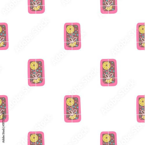 Seamless pattern of pink gift boxes with yellow clock icons and blue dots on transparent background