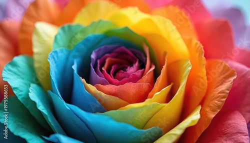 Close-up view of multi-colored rose petals gradient from pink to purple blue green yellow orange. Vibrant floral bloom displays rainbow colors, cheerful and bright.