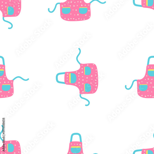 Seamless pattern of pink aprons with blue pockets and white dots on transparent background