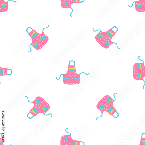 Pink apron pattern with rainbow detail and pockets on transparent background