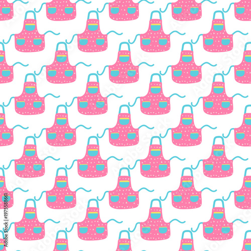 Seamless pattern of cute pink aprons with colorful accents and polka dots on a transparent background