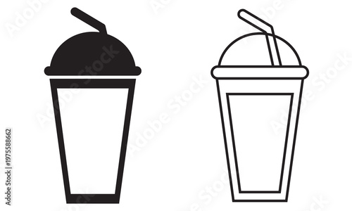 Cold drink beverage icon. Cold drink cup vector silhouette. Disposable coffee cups, container and straw vector icon. Vector illustration.