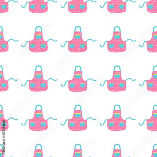 Seamless pattern of cute pink aprons with polka dots on a transparent background