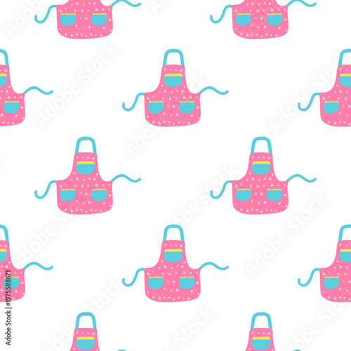 Seamless pattern of cute pink aprons with blue pockets and polka dots