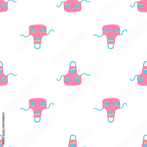 Pink cartoon aprons with blue strings repeat pattern on white background transparent