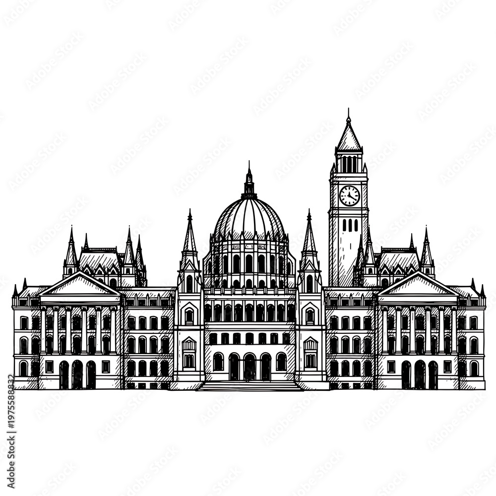 Obraz premium Historic Gothic Architectural Building Illustration.