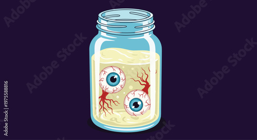 Spooky illustration shows a glass jar containing two realistic eyeballs floating in a murky yellowish liquid, ideal for Halloween themes.