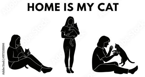 Woman with cat in silhouette poses for home comfort and companionship