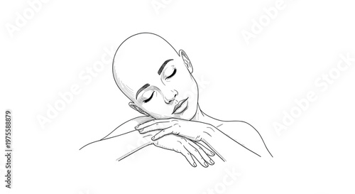 Elegant line drawing depicts a bald woman peacefully sleeping with her head resting on her arms, conveying a sense of calm and rest.