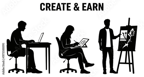Silhouettes of people working on creative projects and earning income with digital tools and traditional art