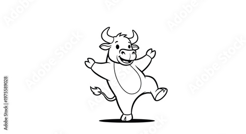 Simple black and white line drawing shows a happy cartoon bull dancing joyfully with its arms raised, suitable for children illustrations.
