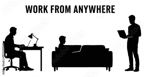 Silhouettes of people working remotely in different home environments during the day