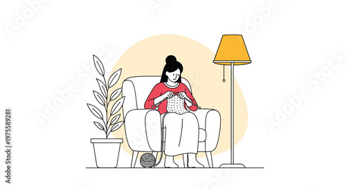 Woman sits comfortably in an armchair while knitting a piece of clothing near a tall floor lamp and a large potted plant in her home.