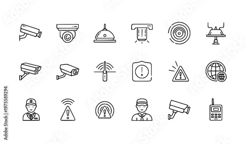 Monitoring and surveillance security icons line vector set