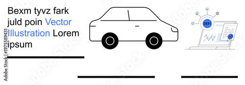 Transportation, automotive design, digital security, data verification, blockchain innovation, cryptography. A car alongside a laptop with a cryptographic verification icon. Symbol of automotive