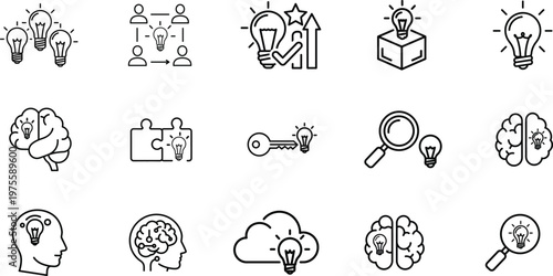 Creative idea and brainstorming icon set with light bulb, brain, puzzle, search and innovation symbols, minimal line icons for business thinking and problem solving
