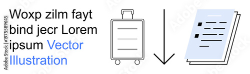Travel, logistics, document organization, transportation, submission process, administration. Luggage icon, downward arrow and stack of documents. Travel and logistics visualization concept