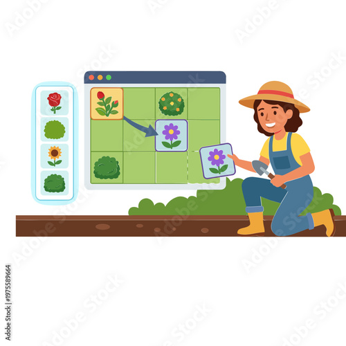 Woman in overalls examining plants on a computer screen outdoors in garden