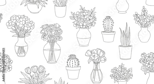 Diverse collection of potted plants, cacti, and floral bouquets in vases is shown in a clean black and white line art seamless pattern.