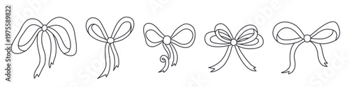 Collection of decorative tied ribbons in doodle style. Set flirty bows, hand-drawn outline clip art. Cute decorative elements, vector graphics