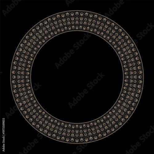 Gold round frame, Greek key, meander. Circular gold frame, Greek palmette ornament. Classic antique border for luxury label, textile, engraving, embroidery, porcelain, Mediterranean ceramic, laser 