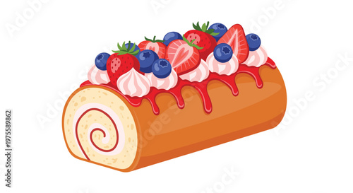 Delicious-looking strawberry and blueberry roll cake is topped with fresh berries and swirls of cream, dripping with sweet red glaze.