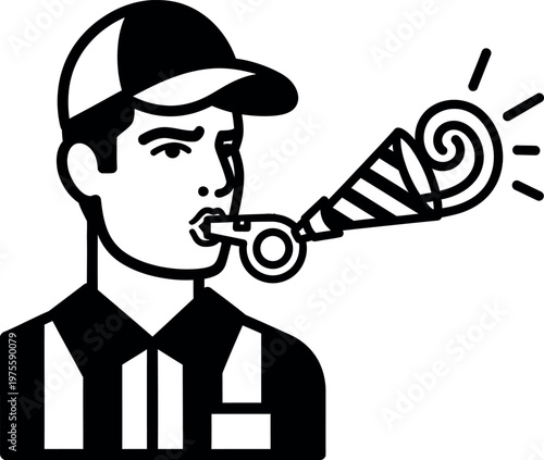 A cartoon referee blowing a whistle to signal a foul in a game