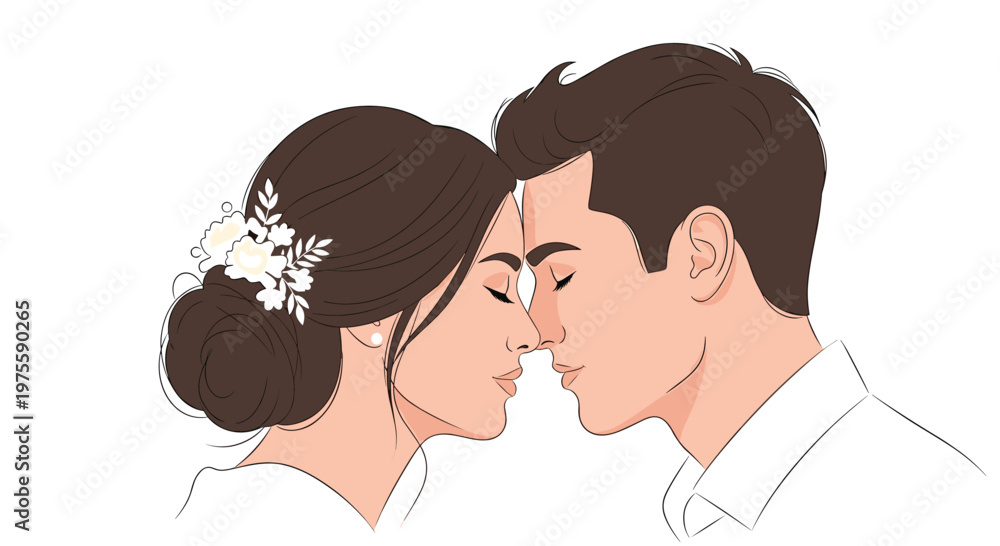 Obraz premium Romantic side profile illustration of a bride wearing floral hair accessories and a handsome groom gently touching their foreheads together.