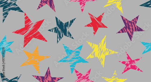 Vibrant and energetic seamless pattern of multi-colored stars with a textured brushstroke effect scattered across a neutral gray background.
