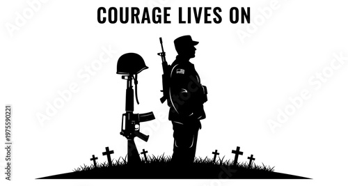 Soldier silhouette standing guard at fallen comrades memorial with crosses and battlefield cross