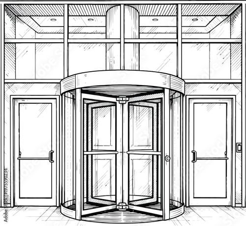 Revolving Door Silhouette: Modern Entrance, Circular Architecture, Business Access.
