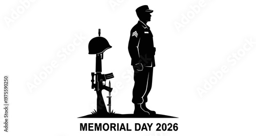 Soldier silhouette standing guard beside fallen comrade memorial with rifle and helmet